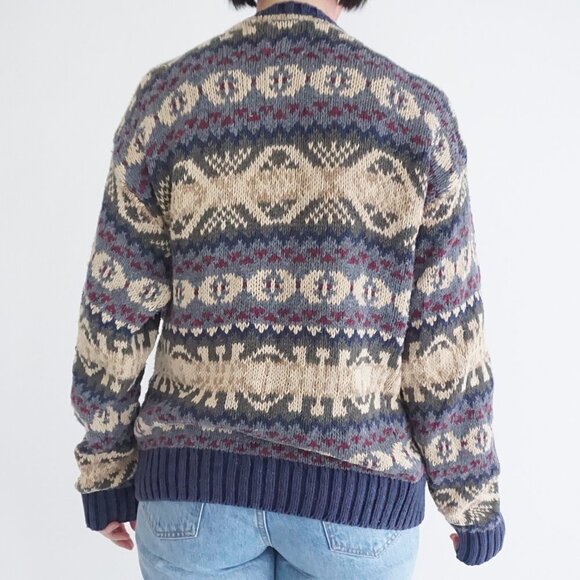 Vintage American Eagle Outfitters Taupe Blue Knit Eclectic Grandpa Crewneck M - Picture 3 of 10